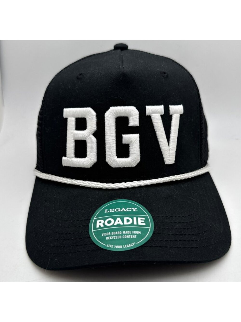 Legacy Roadie BGV Black Trucker Hat White Rope Snapback Mesh Cap Adjustable